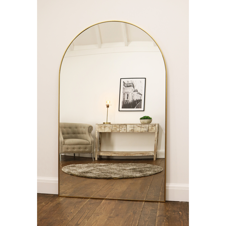 Dourado Full Length Arched Metal Mirror as a lounge lean to