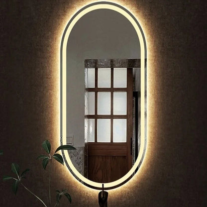 Espelho oval jateado com iluminação LED quente – 60 x 150 cm | Madeira e vidro oval - Liquidação