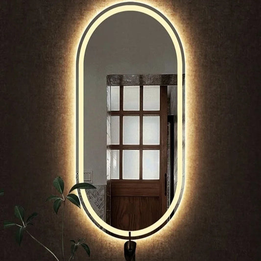 Espelho oval jateado com iluminação LED quente – 60 x 150 cm | Madeira e vidro oval - Liquidação