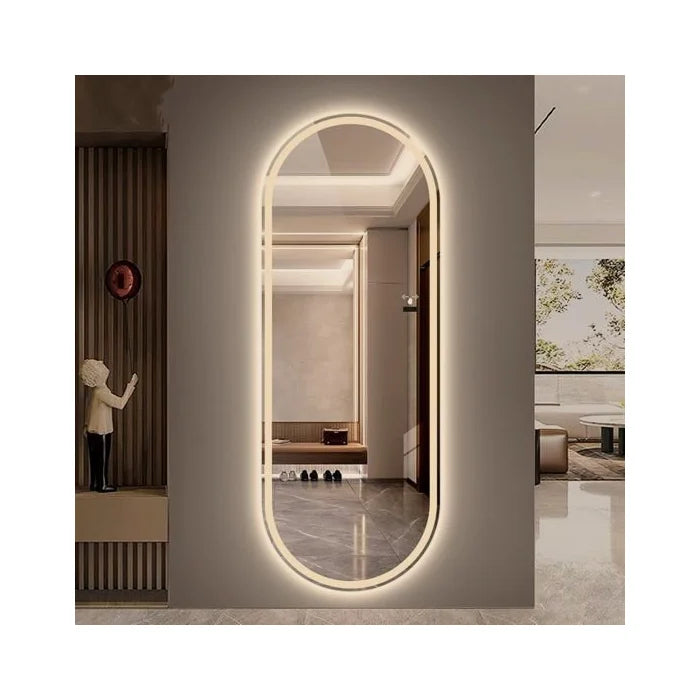 Espelho oval jateado com iluminação LED quente – 60 x 150 cm | Madeira e vidro oval - Liquidação