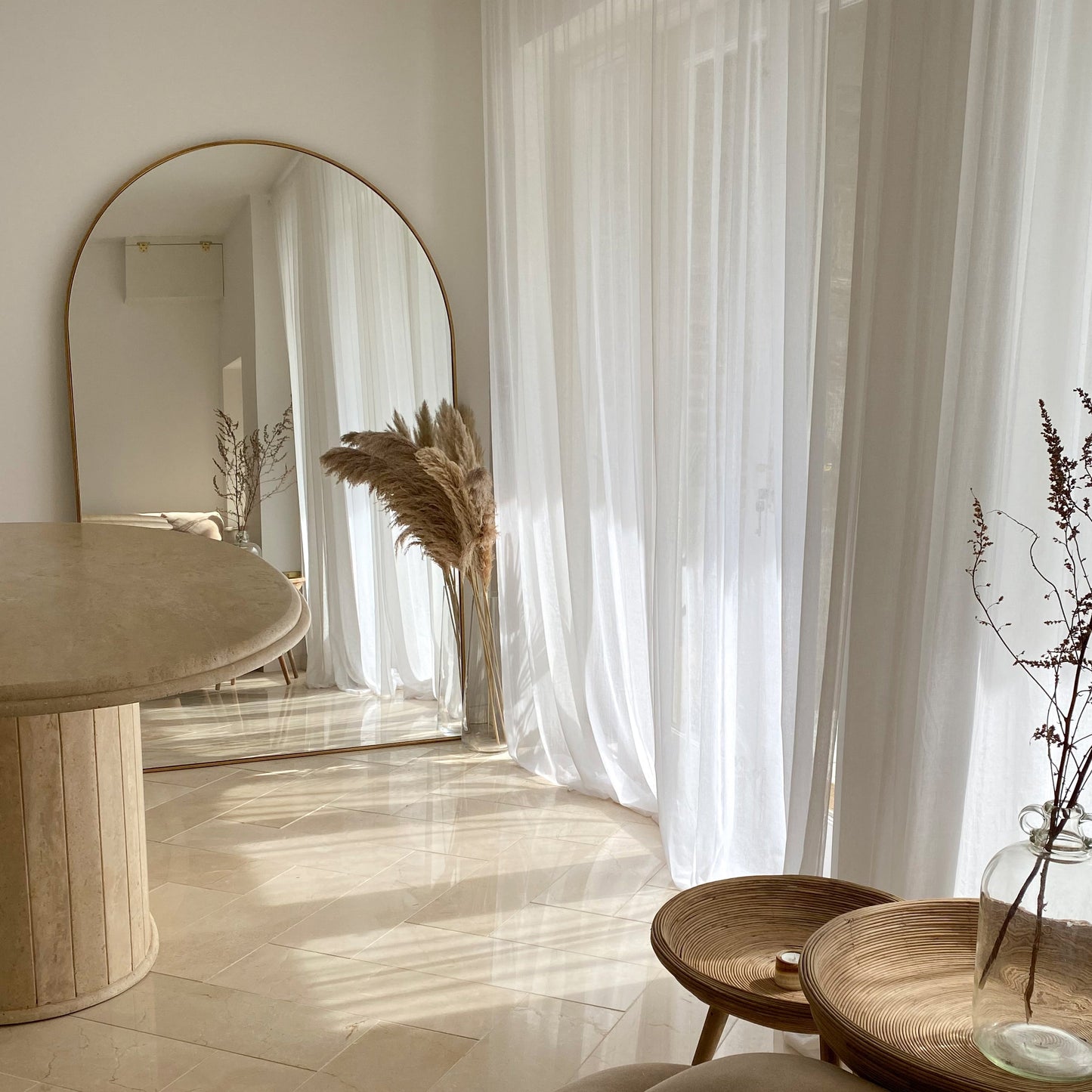 Dourado Full Length Arched Metal Mirror in living room