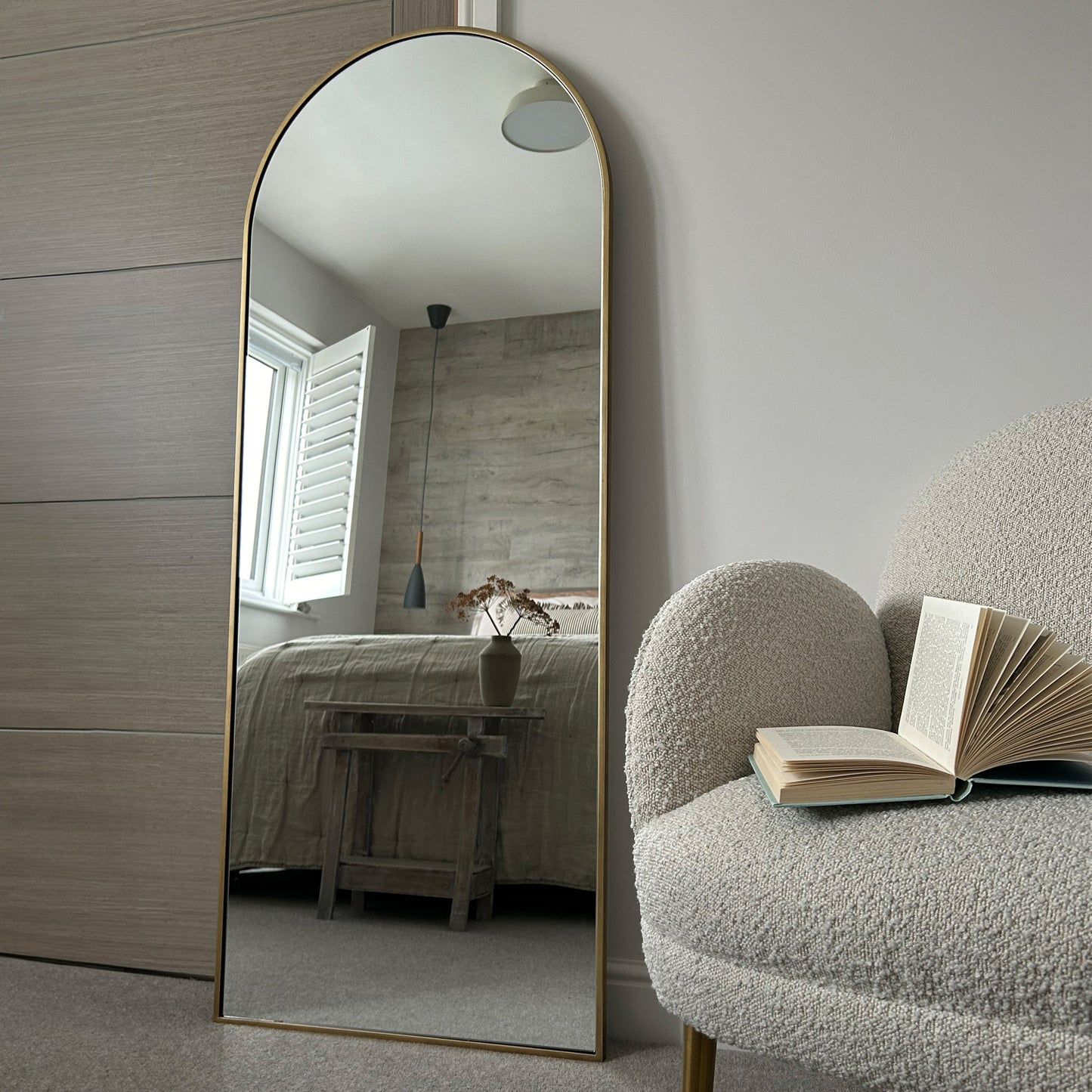 Full Length Dourado Large Arched Metal Mirror as bedroom lean to