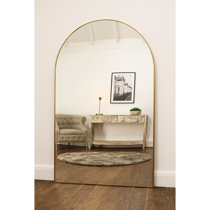 Dourado Full Length Arched Metal Mirror as a lounge lean to